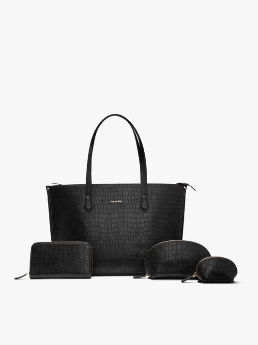 The Evoke Tote and Wallet Combo Croco + Cosmos Croco Pouch Black