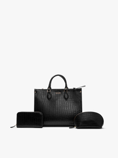 Celeste Tote + Croco Wallet + Cosmos Croco Pouch Black