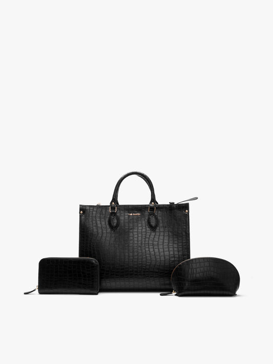 Celeste Tote + Croco Wallet + Cosmos Croco Pouch Black