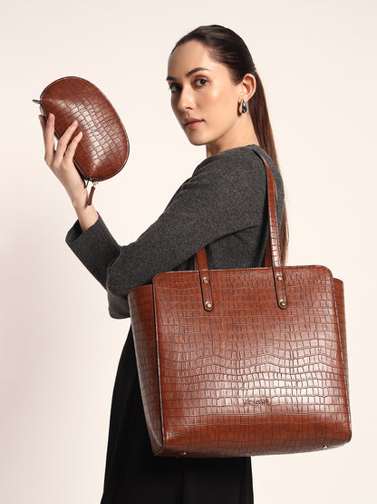 Beyond+ Croco Tote with Zipper Tan + Cosmos Pouch Combo