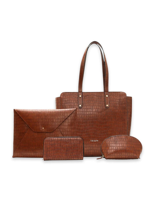 Beyond+ Tote Croco & Grace laptop Sleeve + Wallet + Pouch Combo Tan