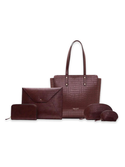 Beyond+ Tote Croco & Grace laptop Sleeve + Wallet + Pouch Combo Wine