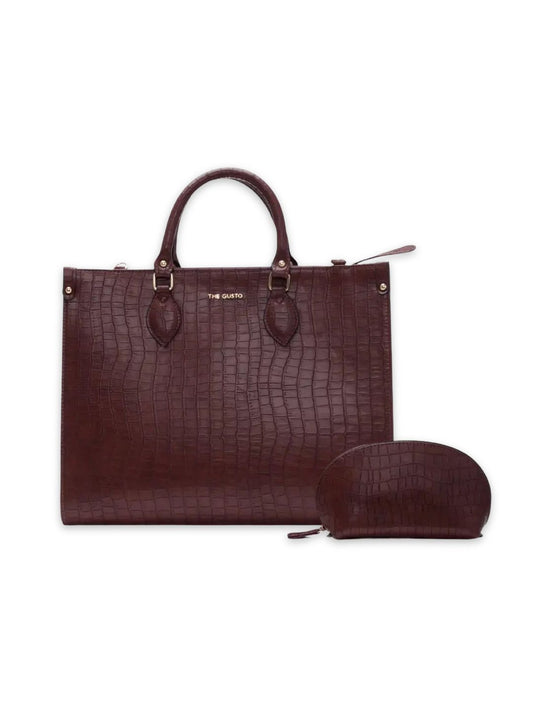Celeste Tote & Cosmos Croco Pouch Set Combo Wine