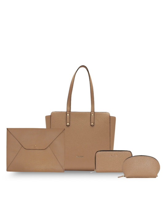 Beyond+ Tote & Grace laptop Sleeve + Wallet + Pouch Combo Beige Grained